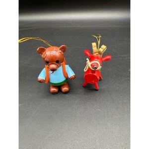 1980 R Dakin Wood Christmas Ornaments Bear‎ and Red Reindeer Pair San Francisco